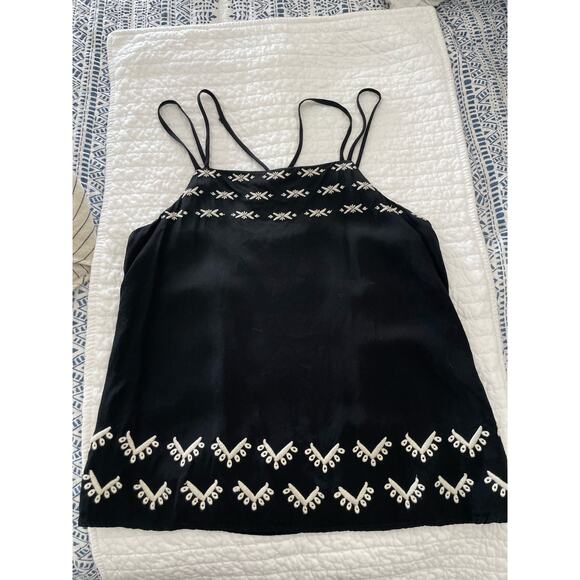 Ann Taylor LOFT cami blouse. Criss Cross straps and white stitch embroidery - Picture 1 of 5
